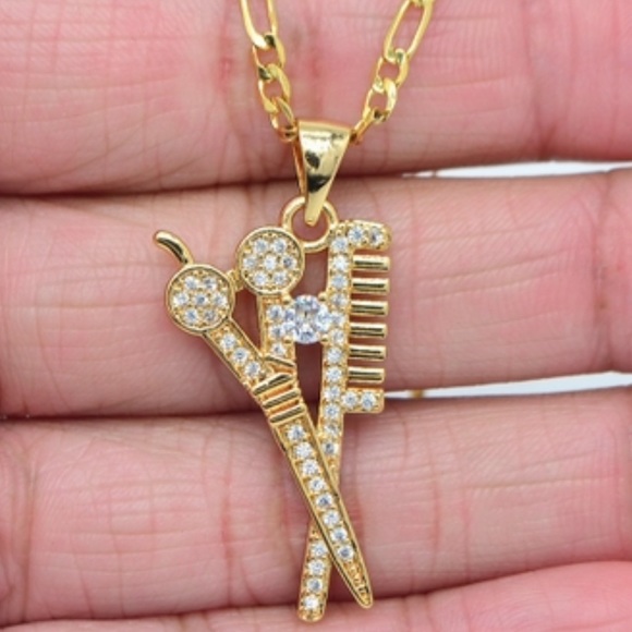 Jewelry - High Quality 18K gold plated Cubic Zirconia Scissor and comb pendant with chain